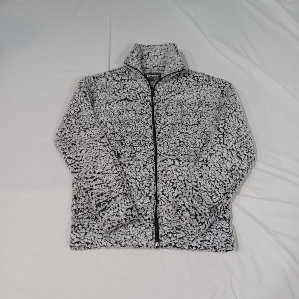 Express Sherpa Jacket Womens White Black XS/TP Fleece Full Zip Mock Neck